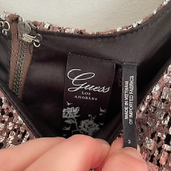 GUESS Mauve Brown / Purple Silver Metallic Sleeveless Ruffle Party Mini Dress 3 - Picture 5 of 12